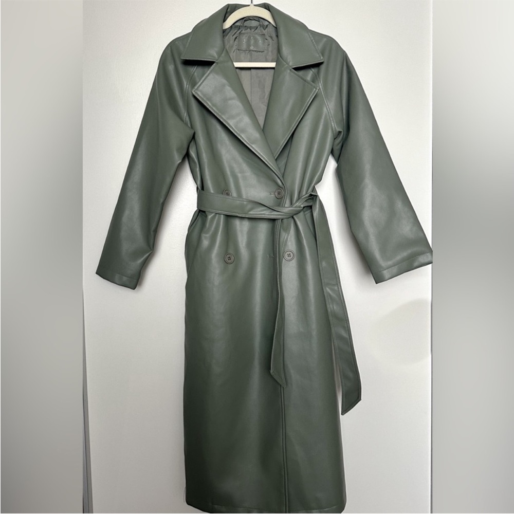 NWOT Long Trench coat in faux leather sage green